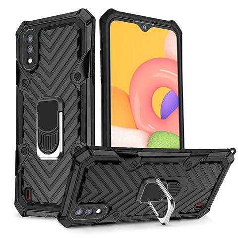 Funda Bumper Silicona y Plastico Mate Carcasa con Magnetico Anillo de dedo Soporte S08 para Samsung Galaxy A01 SM-A015 Negro