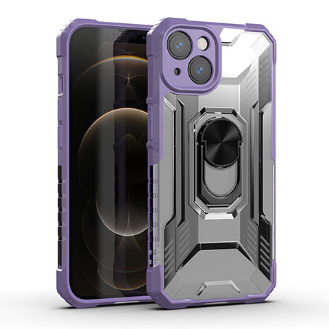 Funda Bumper Silicona y Plastico Mate Carcasa con Magnetico Anillo de dedo Soporte S09 para Apple iPhone 13 Mini Morado