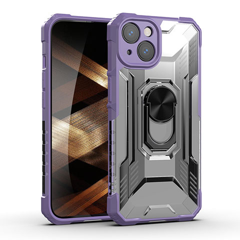 Funda Bumper Silicona y Plastico Mate Carcasa con Magnetico Anillo de dedo Soporte S09 para Apple iPhone 15 Morado