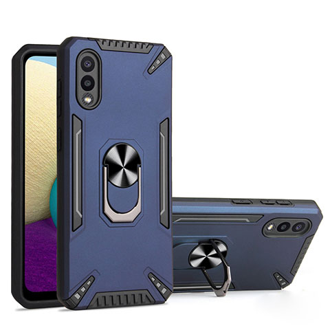 Funda Bumper Silicona y Plastico Mate Carcasa con Magnetico Anillo de dedo Soporte T01 para Samsung Galaxy M02 Azul