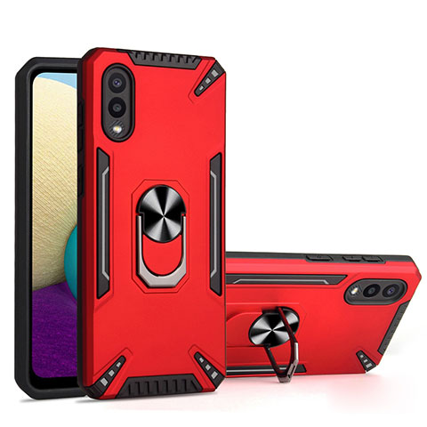 Funda Bumper Silicona y Plastico Mate Carcasa con Magnetico Anillo de dedo Soporte T01 para Samsung Galaxy M02 Rojo