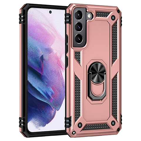 Funda Bumper Silicona y Plastico Mate Carcasa con Magnetico Anillo de dedo Soporte T02 para Samsung Galaxy S21 Plus 5G Oro Rosa