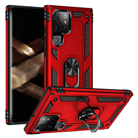 Funda Bumper Silicona y Plastico Mate Carcasa con Magnetico Anillo de dedo Soporte T03 para Samsung Galaxy S24 Ultra 5G Rojo