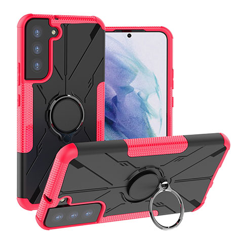 Funda Bumper Silicona y Plastico Mate Carcasa con Magnetico Anillo de dedo Soporte T08 para Samsung Galaxy S21 5G Rosa Roja