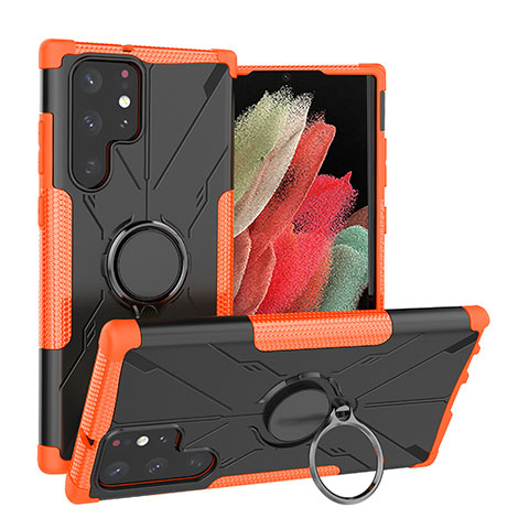 Funda Bumper Silicona y Plastico Mate Carcasa con Magnetico Anillo de dedo Soporte T08 para Samsung Galaxy S22 Ultra 5G Naranja