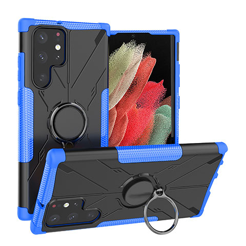 Funda Bumper Silicona y Plastico Mate Carcasa con Magnetico Anillo de dedo Soporte T08 para Samsung Galaxy S23 Ultra 5G Azul