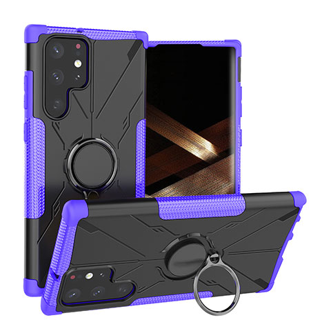 Funda Bumper Silicona y Plastico Mate Carcasa con Magnetico Anillo de dedo Soporte T08 para Samsung Galaxy S24 Ultra 5G Morado