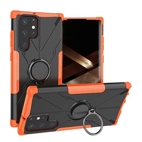 Funda Bumper Silicona y Plastico Mate Carcasa con Magnetico Anillo de dedo Soporte T08 para Samsung Galaxy S24 Ultra 5G Naranja