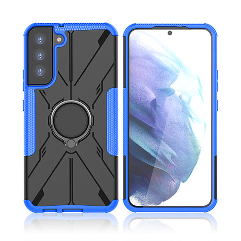 Funda Bumper Silicona y Plastico Mate Carcasa con Magnetico Anillo de dedo Soporte T09 para Samsung Galaxy S21 FE 5G Azul