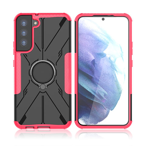 Funda Bumper Silicona y Plastico Mate Carcasa con Magnetico Anillo de dedo Soporte T09 para Samsung Galaxy S21 FE 5G Rosa Roja