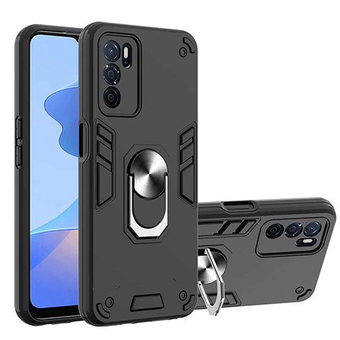 Funda Bumper Silicona y Plastico Mate Carcasa con Magnetico Anillo de dedo Soporte Y01B para Oppo A16 Negro