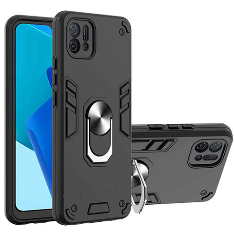 Funda Bumper Silicona y Plastico Mate Carcasa con Magnetico Anillo de dedo Soporte Y01B para Oppo A16K Negro