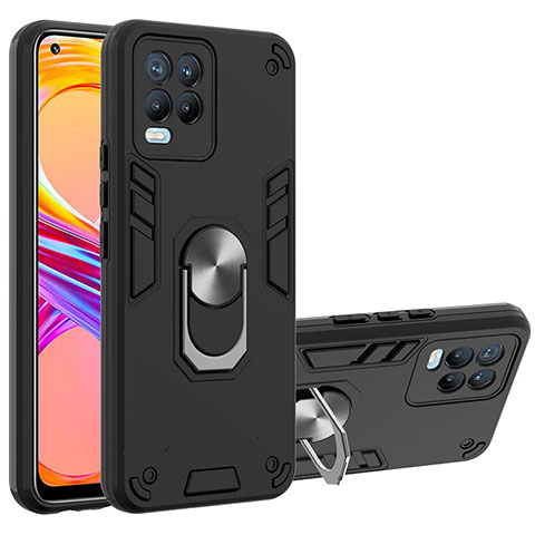 Funda Bumper Silicona y Plastico Mate Carcasa con Magnetico Anillo de dedo Soporte Y01B para Realme 8 Pro Negro