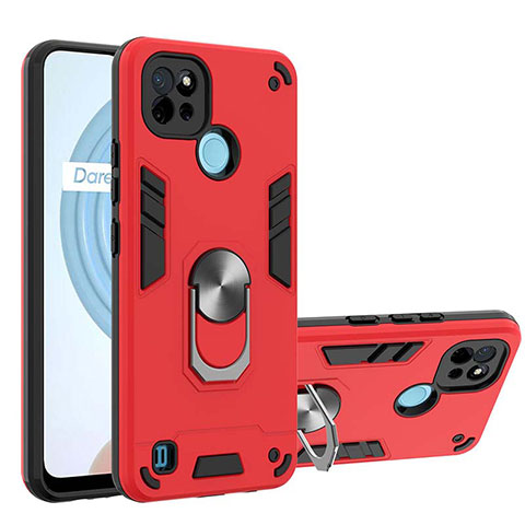 Funda Bumper Silicona y Plastico Mate Carcasa con Magnetico Anillo de dedo Soporte Y01B para Realme C21 Rojo