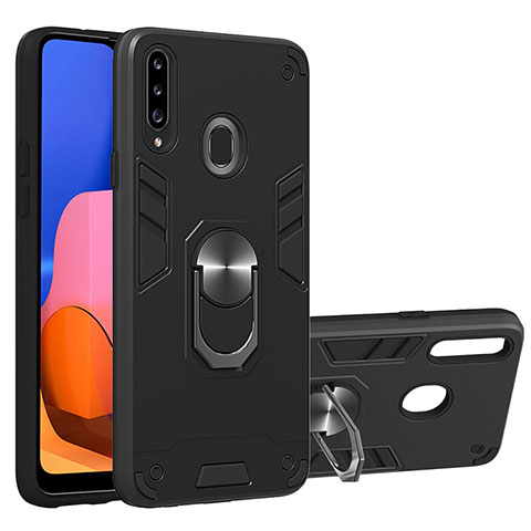 Funda Bumper Silicona y Plastico Mate Carcasa con Magnetico Anillo de dedo Soporte Y01B para Samsung Galaxy A20s Negro