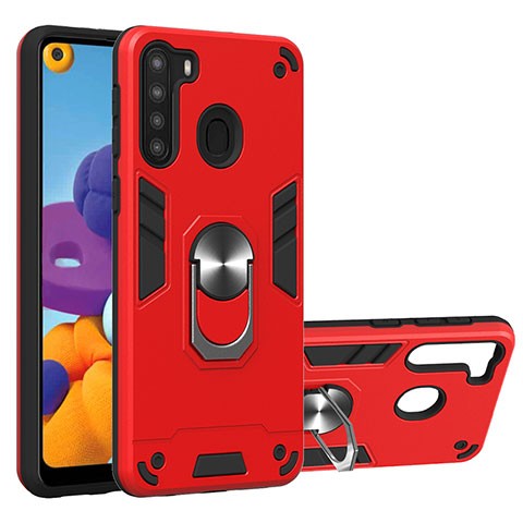 Funda Bumper Silicona y Plastico Mate Carcasa con Magnetico Anillo de dedo Soporte Y01B para Samsung Galaxy A21 Rojo