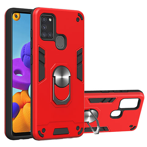 Funda Bumper Silicona y Plastico Mate Carcasa con Magnetico Anillo de dedo Soporte Y01B para Samsung Galaxy A21s Rojo