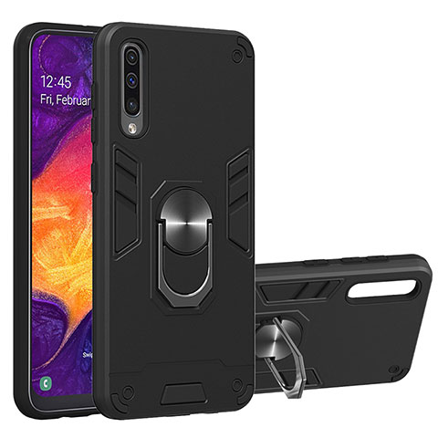 Funda Bumper Silicona y Plastico Mate Carcasa con Magnetico Anillo de dedo Soporte Y01B para Samsung Galaxy A30S Negro