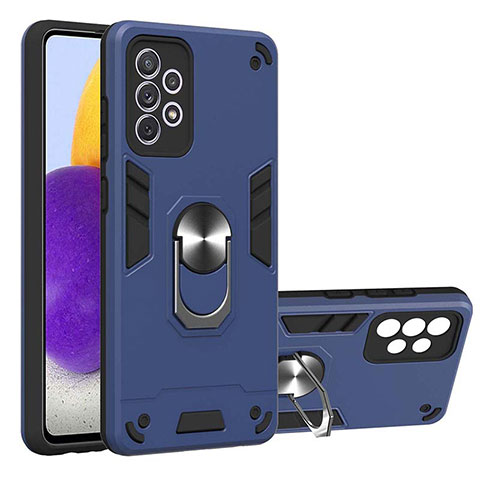 Funda Bumper Silicona y Plastico Mate Carcasa con Magnetico Anillo de dedo Soporte Y01B para Samsung Galaxy A72 4G Azul