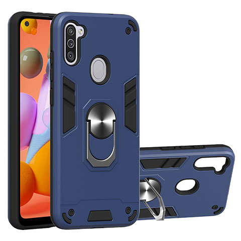 Funda Bumper Silicona y Plastico Mate Carcasa con Magnetico Anillo de dedo Soporte Y01B para Samsung Galaxy M11 Azul