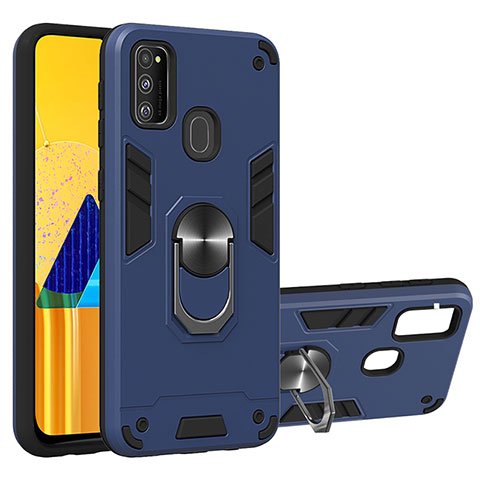 Funda Bumper Silicona y Plastico Mate Carcasa con Magnetico Anillo de dedo Soporte Y01B para Samsung Galaxy M21 Azul