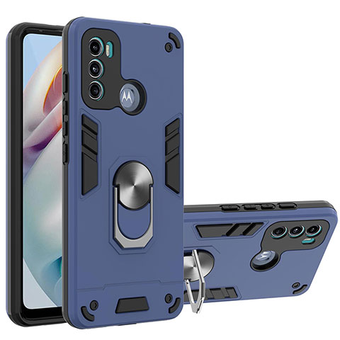 Funda Bumper Silicona y Plastico Mate Carcasa con Magnetico Anillo de dedo Soporte YB1 para Motorola Moto G60 Azul