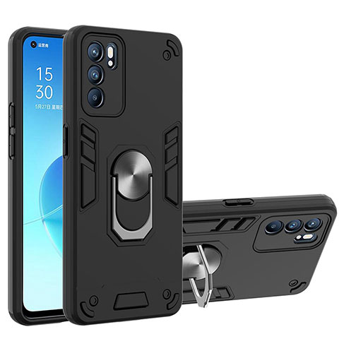 Funda Bumper Silicona y Plastico Mate Carcasa con Magnetico Anillo de dedo Soporte YB1 para Oppo Reno6 5G Negro