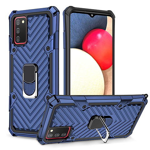 Funda Bumper Silicona y Plastico Mate Carcasa con Magnetico Anillo de dedo Soporte YF1 para Samsung Galaxy A02s Azul