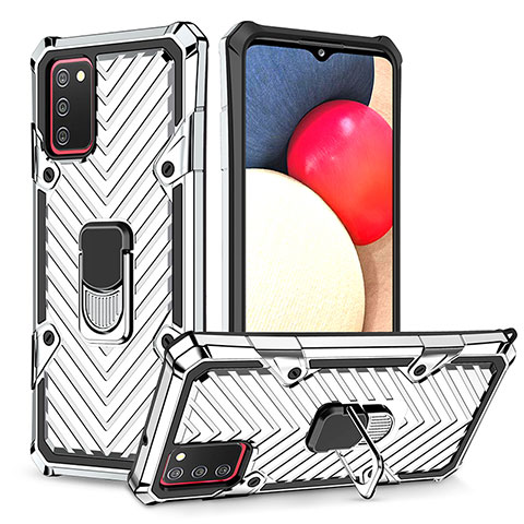 Funda Bumper Silicona y Plastico Mate Carcasa con Magnetico Anillo de dedo Soporte YF1 para Samsung Galaxy A02s Plata