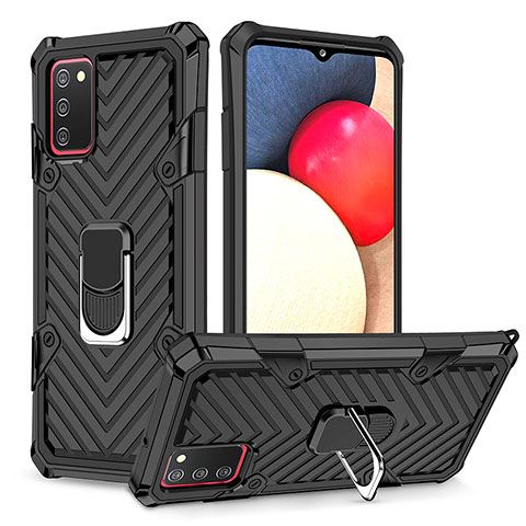 Funda Bumper Silicona y Plastico Mate Carcasa con Magnetico Anillo de dedo Soporte YF1 para Samsung Galaxy A03s Negro