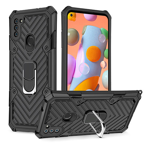 Funda Bumper Silicona y Plastico Mate Carcasa con Magnetico Anillo de dedo Soporte YF1 para Samsung Galaxy A11 Negro