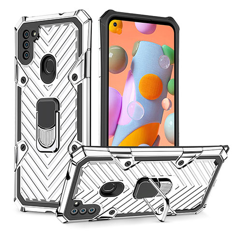 Funda Bumper Silicona y Plastico Mate Carcasa con Magnetico Anillo de dedo Soporte YF1 para Samsung Galaxy A11 Plata