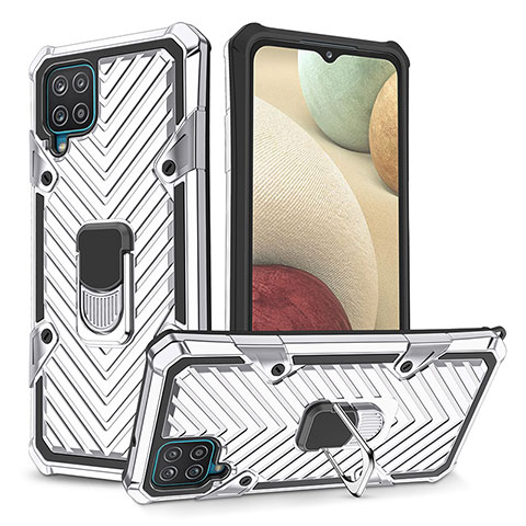 Funda Bumper Silicona y Plastico Mate Carcasa con Magnetico Anillo de dedo Soporte YF1 para Samsung Galaxy A12 Plata