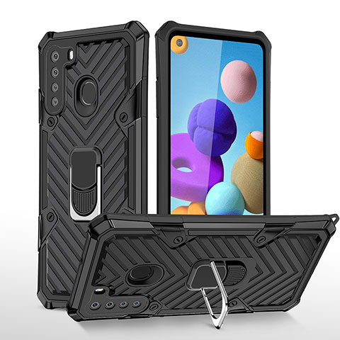 Funda Bumper Silicona y Plastico Mate Carcasa con Magnetico Anillo de dedo Soporte YF1 para Samsung Galaxy A21 Negro