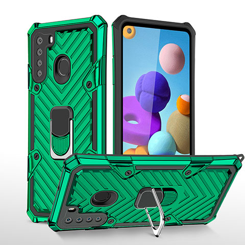 Funda Bumper Silicona y Plastico Mate Carcasa con Magnetico Anillo de dedo Soporte YF1 para Samsung Galaxy A21 Verde