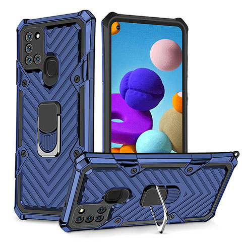 Funda Bumper Silicona y Plastico Mate Carcasa con Magnetico Anillo de dedo Soporte YF1 para Samsung Galaxy A21s Azul