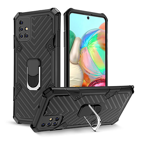 Funda Bumper Silicona y Plastico Mate Carcasa con Magnetico Anillo de dedo Soporte YF1 para Samsung Galaxy A71 5G Negro