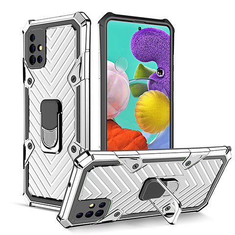 Funda Bumper Silicona y Plastico Mate Carcasa con Magnetico Anillo de dedo Soporte YF1 para Samsung Galaxy M40S Plata