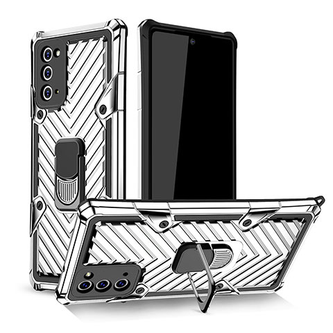 Funda Bumper Silicona y Plastico Mate Carcasa con Magnetico Anillo de dedo Soporte YF1 para Samsung Galaxy Note 20 5G Plata