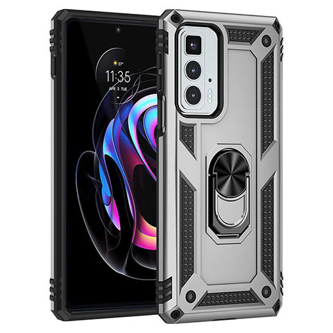 Funda Bumper Silicona y Plastico Mate Carcasa con Magnetico Anillo de dedo Soporte Z01 para Motorola Moto Edge 20 Pro 5G Plata