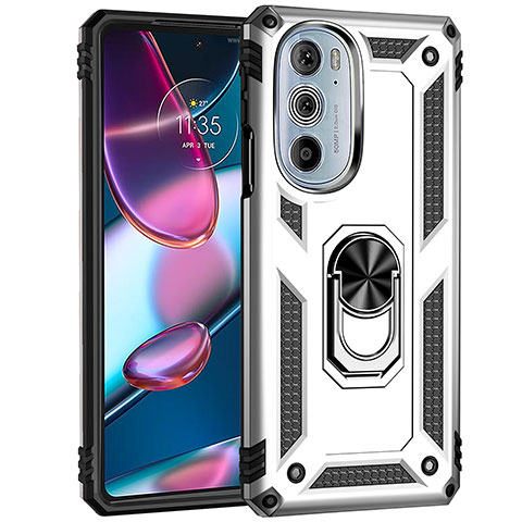 Funda Bumper Silicona y Plastico Mate Carcasa con Magnetico Anillo de dedo Soporte Z01 para Motorola Moto Edge X30 5G Plata