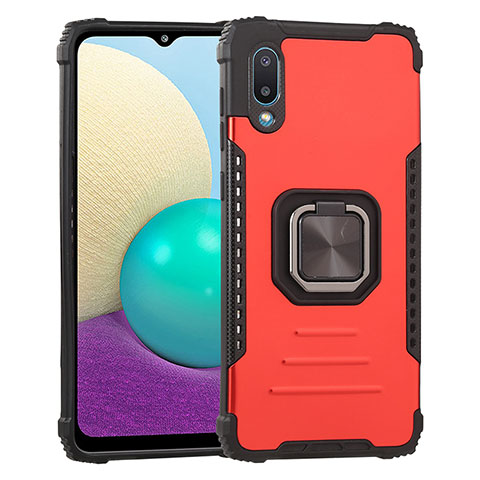 Funda Bumper Silicona y Plastico Mate Carcasa con Magnetico Anillo de dedo Soporte ZJ1 para Samsung Galaxy A02 Rojo