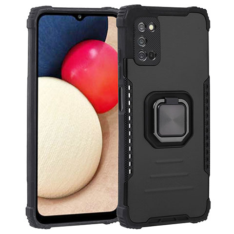 Funda Bumper Silicona y Plastico Mate Carcasa con Magnetico Anillo de dedo Soporte ZJ1 para Samsung Galaxy A03s Negro