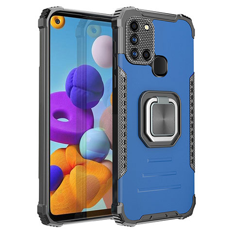 Funda Bumper Silicona y Plastico Mate Carcasa con Magnetico Anillo de dedo Soporte ZJ2 para Samsung Galaxy A21s Azul