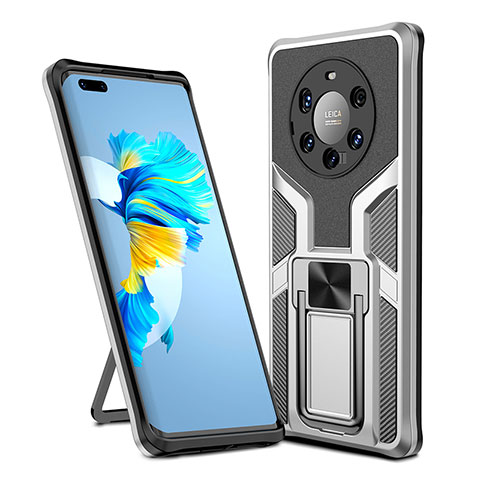 Funda Bumper Silicona y Plastico Mate Carcasa con Magnetico Anillo de dedo Soporte ZL1 para Huawei Mate 40 Pro+ Plus Plata