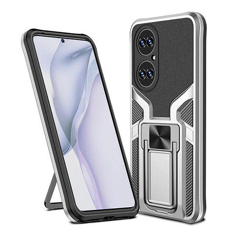 Funda Bumper Silicona y Plastico Mate Carcasa con Magnetico Anillo de dedo Soporte ZL1 para Huawei P50 Plata