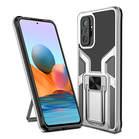 Funda Bumper Silicona y Plastico Mate Carcasa con Magnetico Anillo de dedo Soporte ZL1 para Xiaomi Redmi Note 10 Pro 4G Plata