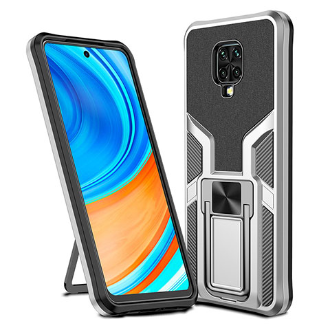 Funda Bumper Silicona y Plastico Mate Carcasa con Magnetico Anillo de dedo Soporte ZL1 para Xiaomi Redmi Note 9 Pro Max Plata