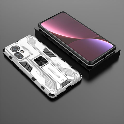 Funda Bumper Silicona y Plastico Mate Carcasa con Magnetico Soporte A01 para Xiaomi Mi 12X 5G Blanco