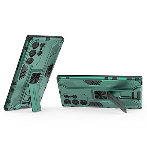 Funda Bumper Silicona y Plastico Mate Carcasa con Magnetico Soporte A02 para Samsung Galaxy S22 Ultra 5G Verde